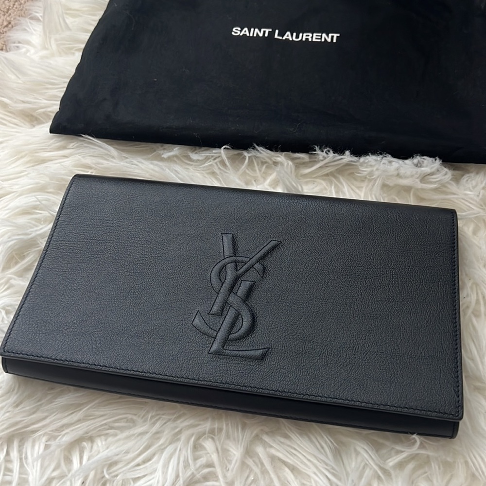 Saint Laurent YSL Calfskin Monogram Large Belle De Jour Clutch Black